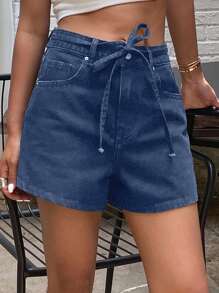 Quần short denim dáng chữ A cạp cao, rộng rãi, thắt eo, thích hợp cho nữ, kiểu quần short mùa hè. - Rửa trung bình - Xem 4
