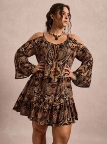 Freevana 大码女式花卉印花露肩喇叭袖时尚连衣裙 - 卡其色 - 查看 5