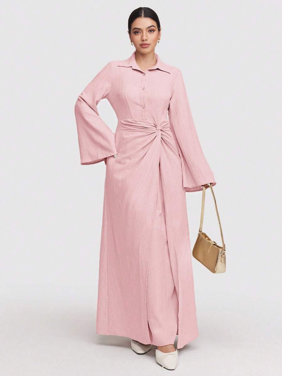 Veilorie 1pc Women's Ultra Long Solid Color Dress, Minimalist Fashion Casual Everyday Wear Modest - Baby Pink - View 1