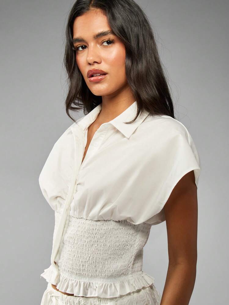 MISSGUIDED Smocked Waist Button Front Blouse Cinched Elastic Midsection Ruffled Hem Cap Sleeve Collared Victorian Style Spring Summer Casual Top