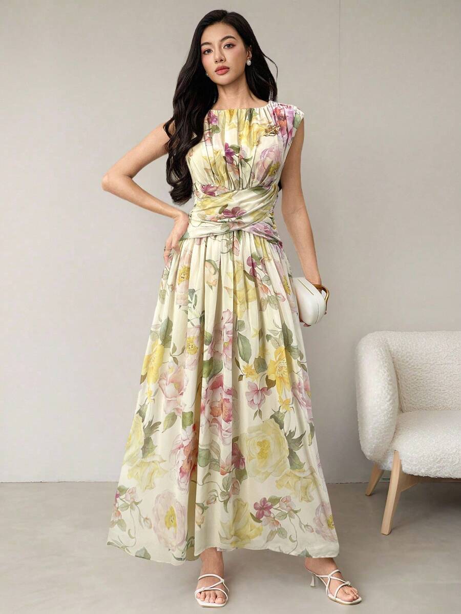 Heiryn Women's Floral Print Crew Neck Criss-Cross Design Elegant Dress