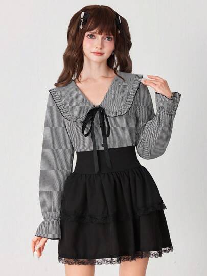 Kawaii Blusa de manga larga con lazo y estampado de cuadros, dulce y linda para mujer