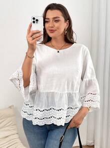 CosyJoli Plus Size Women's Solid Color Hollow Out Ruffle Hem Round Neck Blouse,Slightly Sheer