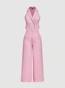 SHEIN MOD Conjunto de 2 piezas de top sin mangas y pantalones para uso diario y casual en talla grande, conjunto de mujer color rosa para otoño/invierno - Rosa - Ver 8