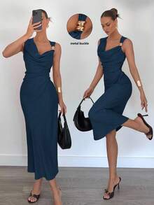 Siren Gaze 女士优雅不对称设计金属扣装饰连衣裙，鸡尾酒会连衣裙 - 藏蓝色 - 查看 6