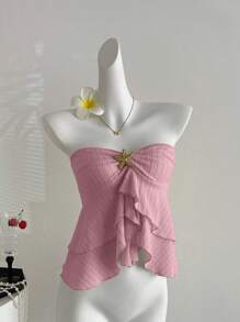 Sweetra Romantic Versatile Double Ruffle Hem Starfish Knot Decor Cropped Tube Top - Pink - View 7