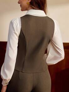 Vintamour 复古经典优雅女士西装外套，修身双排扣卡其色西装外套，马甲西装外套，夏季/秋季 - 卡其色 - 查看 2
