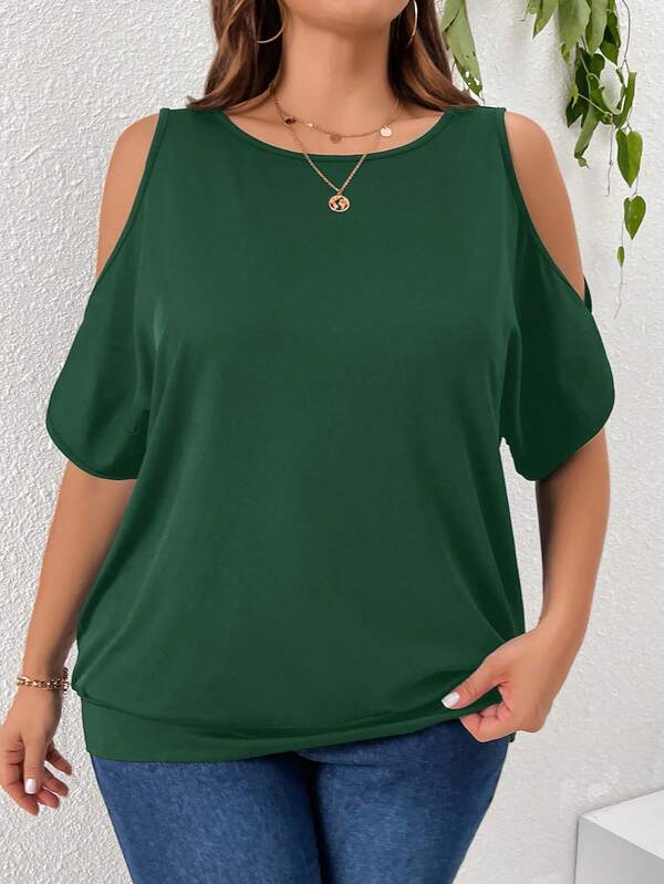 SHEIN Essnce Plus Size Women's Casual Loose Fit Off-Shoulder Round Neck Black T-Shirt