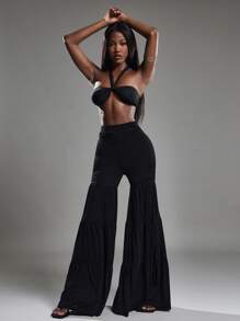 NYA SZN Pantalon taille haute à volants, jambe ajustée, moulant, pour vacances, plage, festival bohème, concert, en tricot extensible, sexy, froncé, élastique, pour club, usage quotidien, décontracté, rentrée scolaire, tenues noires pour femmes - Noir - Voir 4