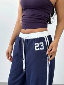 Aloruh Autumn Sports Striped Contrast Color Numeric Print Low Waist Straight Leg Drawstring Women's Pants, Back To School, Street Wear, Y2K Chic Autumn Long Pants Women's Sportswear, Y2K Casual Sporty Digital Print Trousers, Perfect For Coachella And Summer Music Festivals. - Navy Blue - View 4