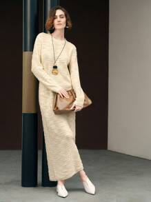 Uhlyne Uhlyne Vestido de punto con cuello redondo, manga larga, unicolor y detalles de cuentas para mujer, adecuado para el uso diario en otoño/invierno - Beis - Ver 5