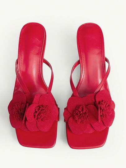 CUCCOO CHICEST 女士优雅花卉绑带方头小猫跟凉鞋，浪漫时尚红色仿皮高跟鞋，适合春夏季、婚礼、约会、聚会、度假