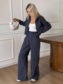 Livesso 女士条纹连帽外套和宽松休闲裤两件套家居服套装