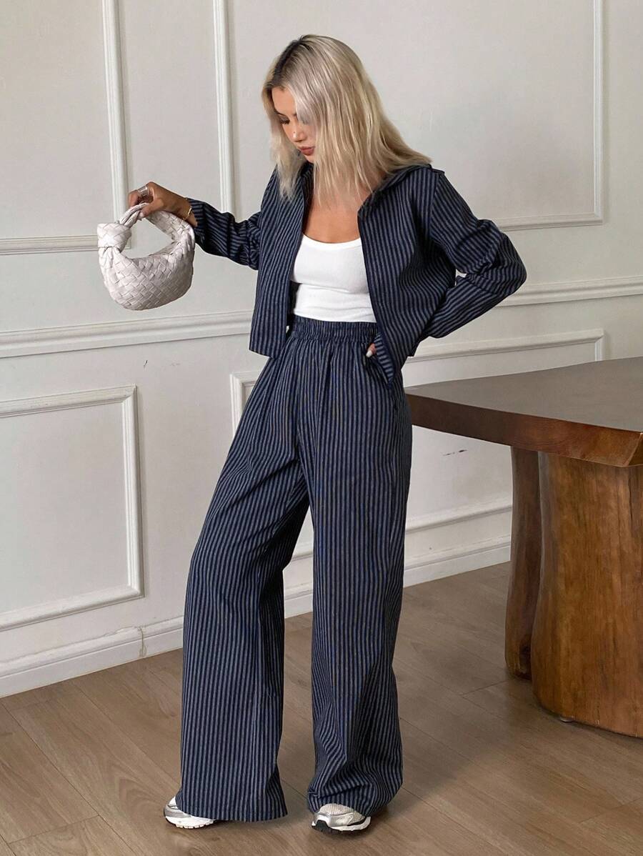 Livesso 女士条纹连帽外套和宽松休闲裤两件套家居服套装