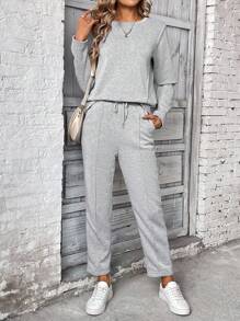 SHEIN PETITE 2pcs Women Long Sleeve Sweatshirt & Pants Set, Sweatshirt Top With Drawstring Hoodie, Elastic Waist Pants All White Casual Outfits Spring