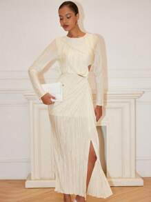 Islaluna Elegant Waist Hollow Out Side Split Pleated Dress Maxi Women Outfit