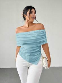 Firerie قميص كاجوال أنيق للنساء ذوات الأحجام الكبيرة، قطع الكتف، قماش مموج مرن، حواف غير متماثلة، مناسب للربيع والصيف