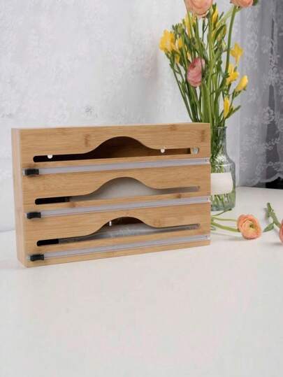 1 Pc, 2-In-1, 3-In-1 Bamboo Storage Bag Organizer For Keeping Food Fresh, Kitchen Drawer Organizer, Plastic Wrap And Foil Cutter, Drawer,Countertop Or Wall Mount Kitchen Organizer
