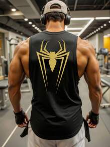 Manfinity Sport PWRUP Men's Spider Print Casual Fitness Sport Tank Top Comfortable Breathable Sweat-Wicking Baggy For Gym Casual Oversized T-Shirt - Black - View 2