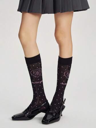 Kawaii Calzini a mezza gamba con stampa a pois a forma di cuore e fiocco, dolci e casual, stile lolita, versatili