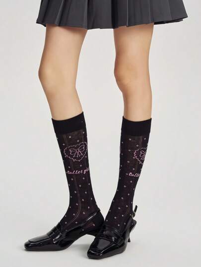 Kawaii Cute Bow Heart Polka Dot Printed Mid-Calf Socks, Sweet & Casual Lolita Socks, Versatile