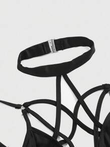 ROMWE Váy dài vừa phải phối ren kim loại hình ngôi sao năm cánh bí ẩn phong cách Gothic, viền bất đối xứng, dây mảnh, dành cho lễ Halloween - màu đen - Xem 3