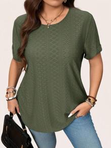 SHEIN LUNE 大码纯色圆领短袖休闲T恤 - 軍綠色 - 查看 5