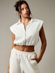 MISSGUIDED Colete Cropped de Moletom com Zíper Frontal, Sem Mangas, Gola, Roupa de Academia, Moda Esportiva Moderna, Regata, Streetwear, Roupa de Primavera e Verão - Branco - Visão 4