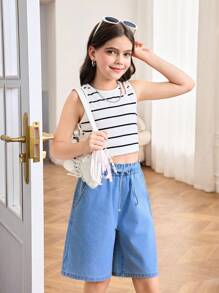 SHEIN Tween Girl Spring Summer Basic Casual Light Washed High Waisted Loose Fit Ruffle Waist Drawstring Denim Long Shorts With Bowknot And Rolled Hem Pockets, Girls Summer Beach Boho Vacation Comfortable Shorts, Summer Rave Concert Festival College Style , Tween Girl Short Jean Pants Tween Girl Casual Shorts Long Summer Shorts For Girls Denim Shorts - Dark Wash - View 3