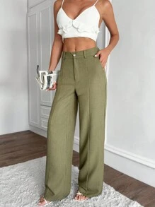 EURMUSE 女士纯色斜口袋休闲阔腿裤 - 卡其色 - 查看 4