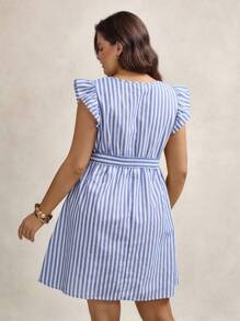 Zelara Plus 1pc Striped Print Ruffle Trim Belted Dress, Summer Back To School Back To School School Clothes Back To School Clothes  Homecoming Dress Teacher Striped - Blue and White - View 2