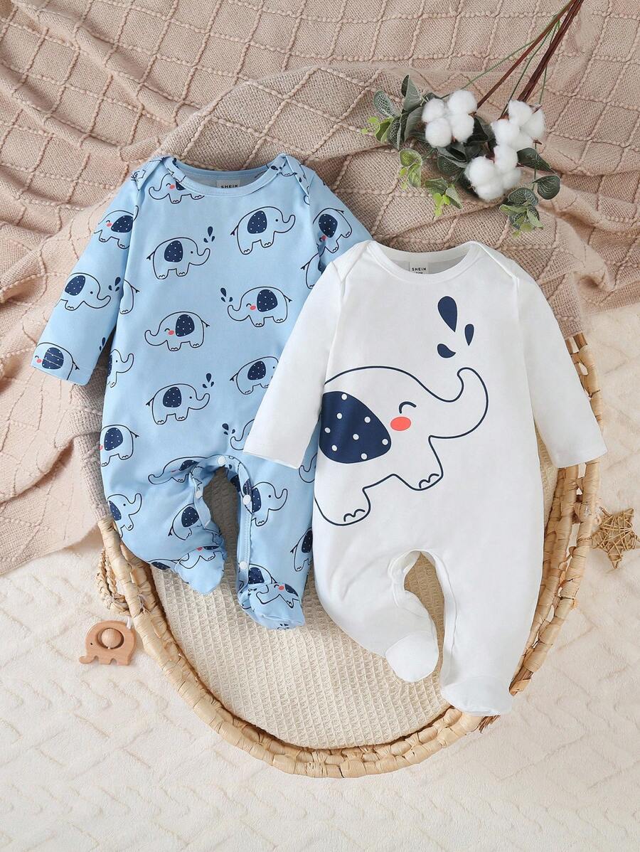 SHEIN 2件套新生儿可爱大象印花白色和蓝色简约长袖连脚连体睡衣 - 白色 - 查看 1