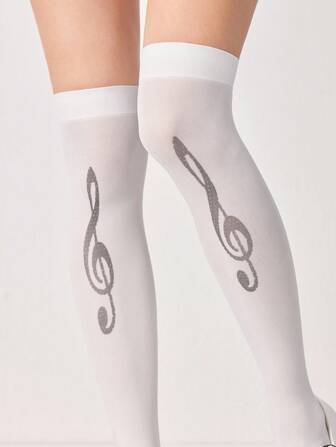 Kawaii 1 Pair Women Over-The-Knee Y2K Simple Solid White Classic Polka Dot & Musical Note Decor Socks, Suitable For Music Festivals, Daily Outings, Comic Conventions