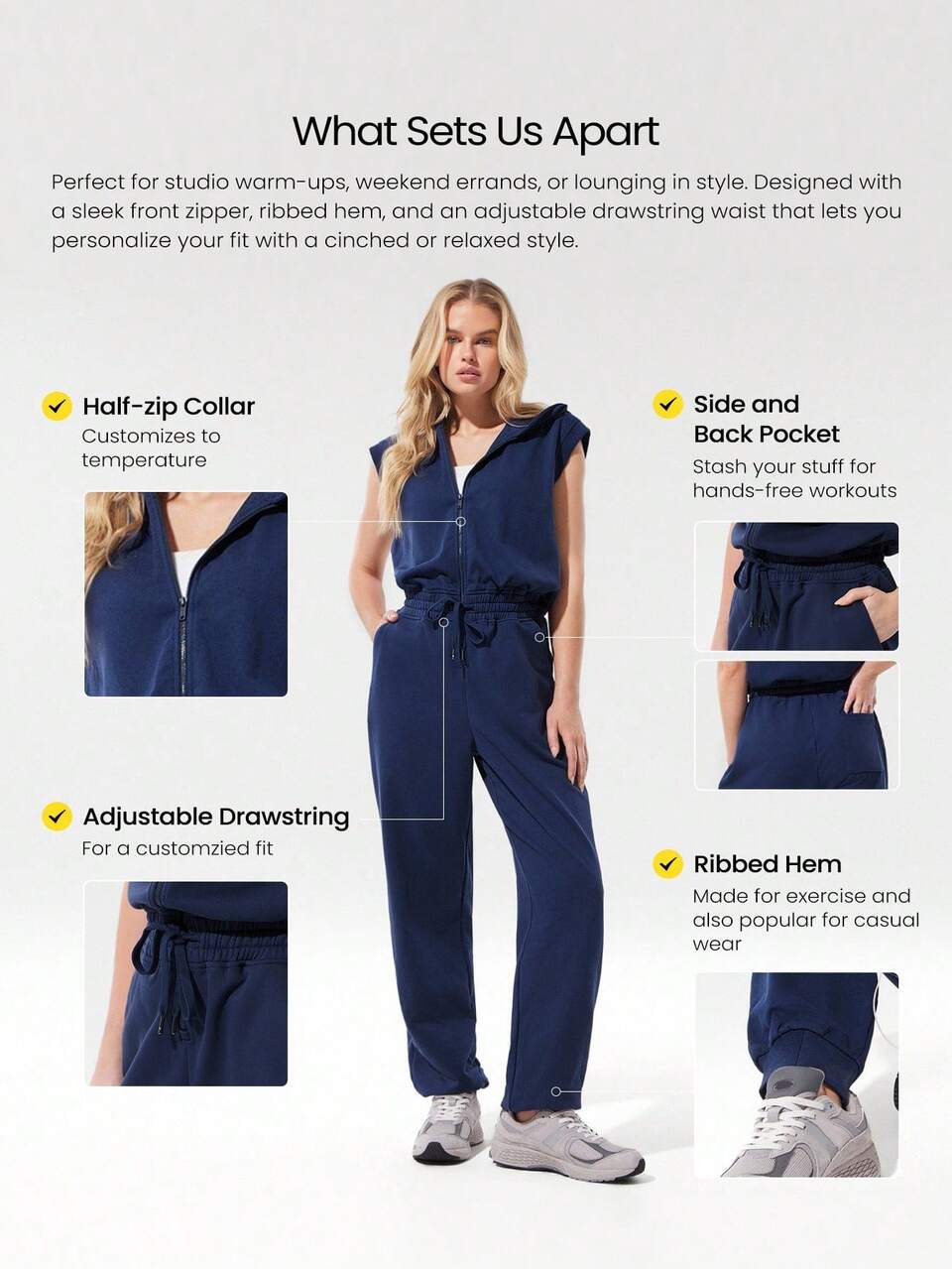 24" Everyday Terry Glow Hero Soft Sweat-Wicking Front Zipper Adjustable Drawstring Waist Back Pockets Ribbed Hem Hoodie Jumpsuit