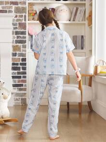 条纹可爱猫咪印花翻领女童睡衣 - 藍白色 - 查看 2