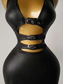 Mistrie Women's New Style Lace-Up Rhinestone Embellished Sexy Leather-Trimmed Velvet-Lined Dress – Perfect For Daily Gatherings, Wild Parties, And Sensual Outfits - Black - View 8