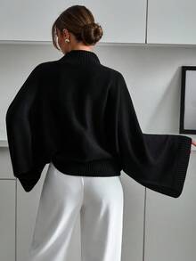 EURMUSE Áo len dệt kim tay cánh dơi màu đen sang trọng với kiểu dáng rộng rãi thoải mái và phong cách tối giản thanh lịch dễ dàng - màu đen - Xem 3