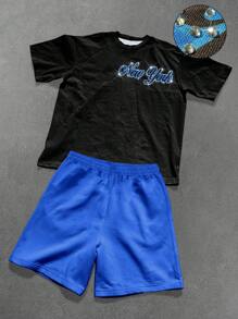 Manfinity Roghcode Manfinity Streetrush Men's Short Sleeve Round Neck Graphic T-Shirt & Blue Pocket Shorts Co-Ord,Black,Summer,Street Wear Y2k,City Break Knitted Set - Multicolor - View 1