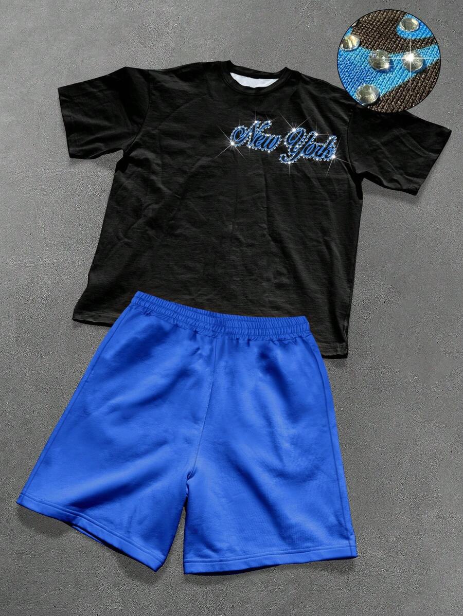Manfinity Roghcode Manfinity Streetrush Men's Short Sleeve Round Neck Graphic T-Shirt & Blue Pocket Shorts Co-Ord,Black,Summer,Street Wear Y2k,City Break Knitted Set - Multicolor - View 1