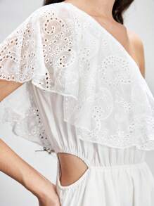 Lumivelle Women's Patchwork Ruffle Hem Embroidered Shoulder Fashion Dress All White Summer Dress Clothes For University - White - View 3
