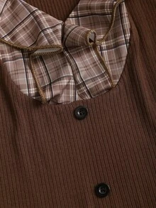 Sweetra Women's Retro 2 In 1 Plaid Patchwork Long Sleeve Shirt Blouse, Stylish Design, Suitable For Spring And Autumn Fall Cloth For Women - Coffee Brown - View 5