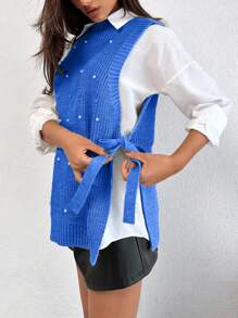 EURMUSE Round Neck Sleeveless Sweater With Pearls - Royal Blue - View 5