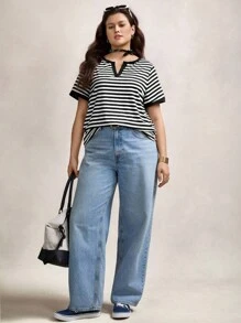 Zelara Plus Striped Notched Neckline Contrast Binding Tee, Summer Back To School Back To School School Clothes Back To School Clothes  Homecoming Dress Teacher - Black and White - View 3