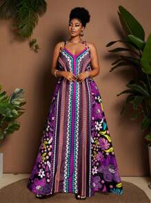 Maweii Vestido largo bohemio con tirantes, cuello en V y estampado colorido para mujer talla grande, nuevo diseño para vacaciones de primavera/verano