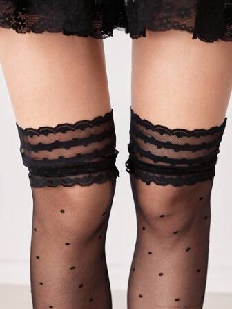 Kawaii 1 Pair Cute Polka Dot Pattern Thigh High Socks, Retro Sweet Lace Edge Over-The-Knee Socks, Ultra Thin Elastic Sheer Tights