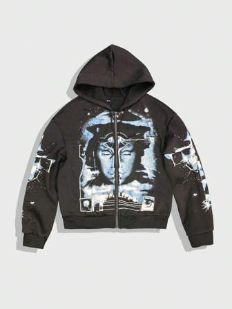 Street Life Sudadera con cremallera de manga larga informal con estampado de retrato de hombre