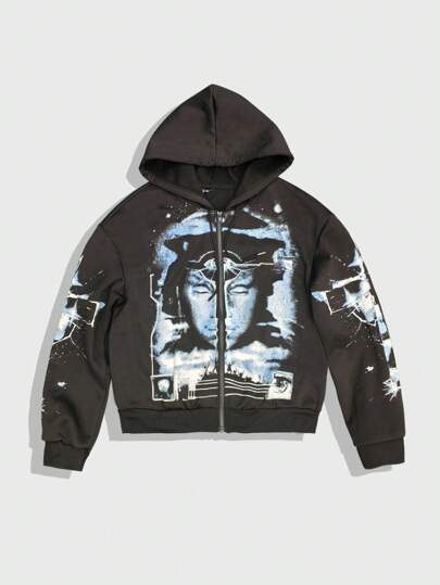 Street Life Sudadera con cremallera de manga larga informal con estampado de retrato de hombre