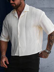 Manfinity Homme Plus Size Men's Casual Solid Color Short Sleeve Button-Up Shirt - Beige - View 5