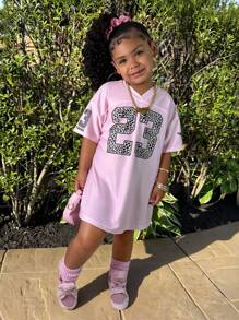 Tween Girl New Spring And Summer Casual Street V-Neck Off-Shoulder Short-Sleeved 23 Slogan Logo Eagle Pattern Apricot Bottom Green Stripe All-Over Printing Loose Knitted Fabric Mini Dress,Dresses - Pink - View 6