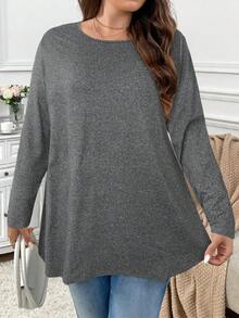 SHEIN Privé Plus Size Elegant Casual Vacation Loose Fit Long Sleeve Round Neck Solid Color Basic Layering Umbrella Hem T-Shirt Gray Top Long Sleeve Top Sweater For Women Gray Sweater Grey Top Tops For Women Gray Top For Women/Fall/Winter Long Sleeve Gray Top Grey Tops For Women
